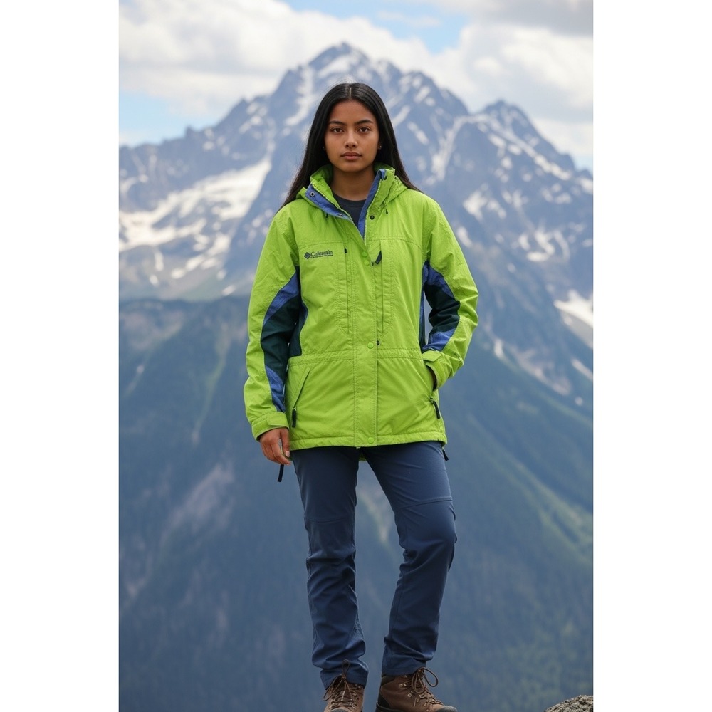 Columbia Sportswear Womens Lime Green‎ Blue Ripstop Hooded Rain Jacket Size L